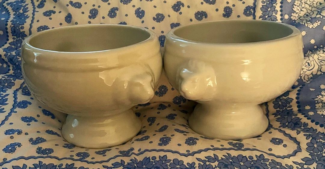 Vintage French Onion Soup Bowls, Pair, Ironstone, Lion Heads, Footed | Etsy (US)