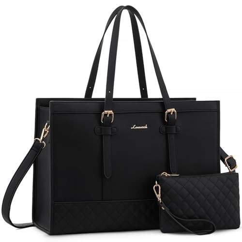 LOVEVOOK Women's 15.6 inch Laptop Tote, Waterproof PU Leather Computer Work Bag, Large Capacity Business Office Tote Black | Amazon (US)