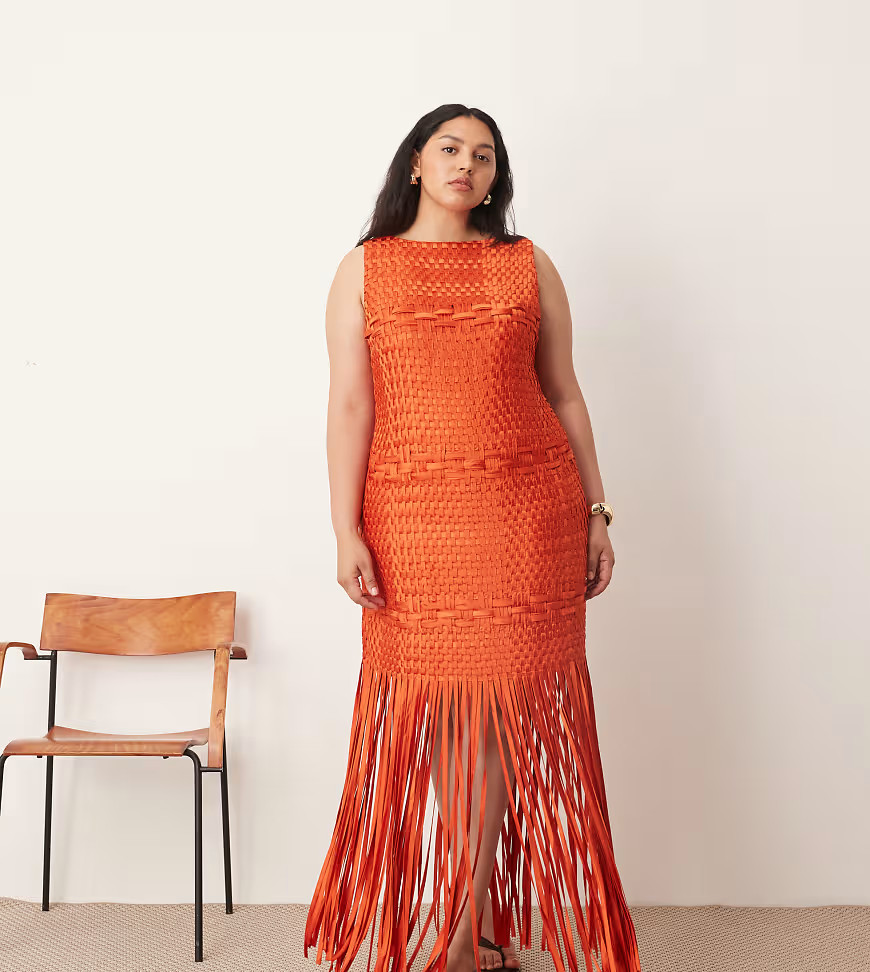 ARRANGE Curve lattice handwoven fringe hem midi dress in red | ASOS (Global)