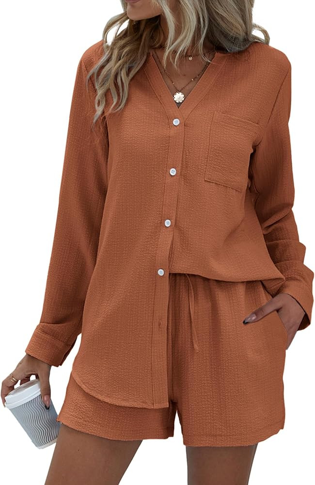 Ekouaer 2 Piece Outfits for Women Lounge Sets V Neck Button Down Shirt and Shorts Loungewear Paja... | Amazon (US)
