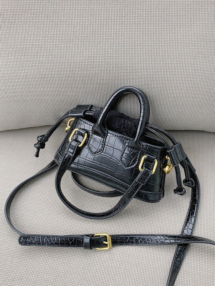 Mini Drawstring Detail Crocodile Embossed Satchel Bag | SHEIN