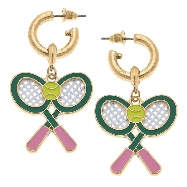 Sloan Tennis Raquet Enamel Drop Hoop Earrings in Green & Pink | CANVAS