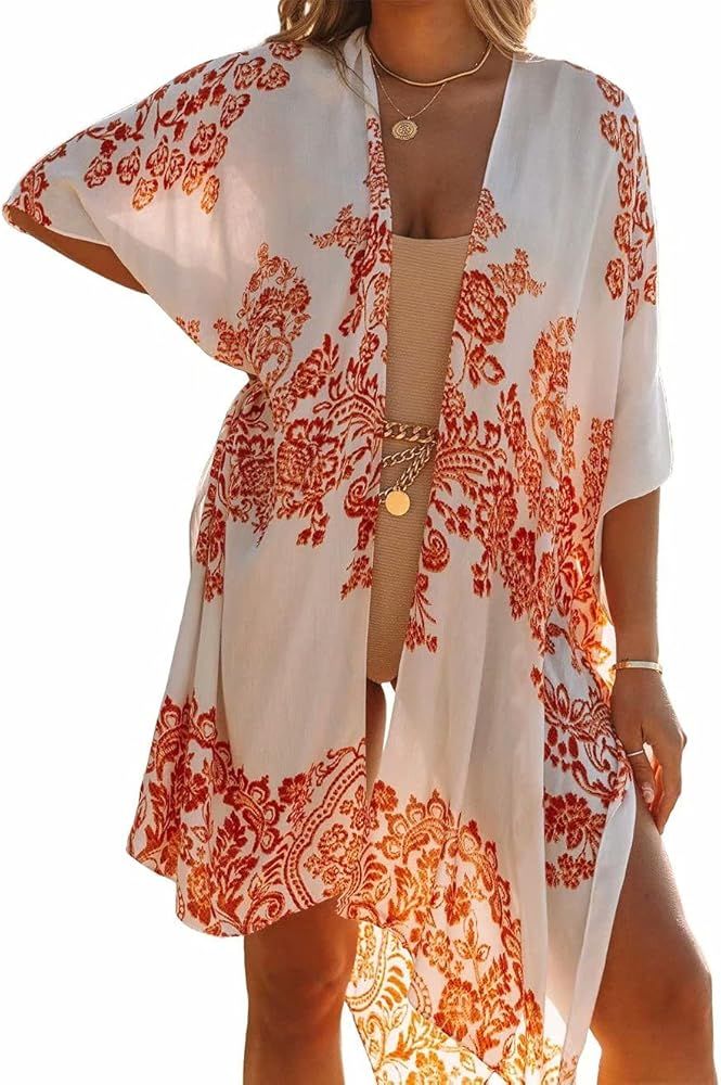 Lacozy Women's Floral Chiffon Kimono Cardigans Casual Loose Open Front Cover Ups Tops | Amazon (US)