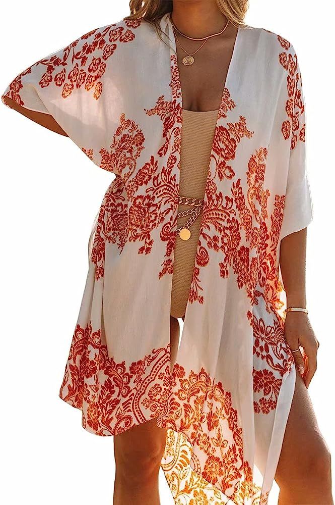 Lacozy Women's Floral Chiffon Kimono Cardigans Casual Loose Open Front Cover Ups Tops | Amazon (US)