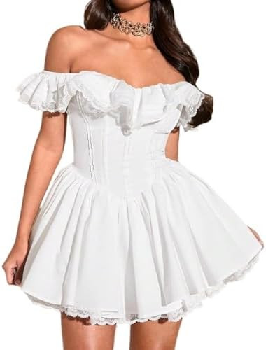 Women's Casual Summer Sexy Off Shoulder Lace Sleeve Solid Ruffled Dress Mini Dress | Amazon (US)