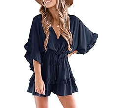 Valphsio Womens V Neck Beach Romper Ruffle Layered Drawstring Waisted Shorts Jumpsuit | Amazon (US)