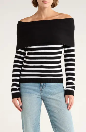 Vigoss Stripe Off the Shoulder Long Sleeve Sweater in Black at Nordstrom Rack, Size Small | Nordstrom Rack