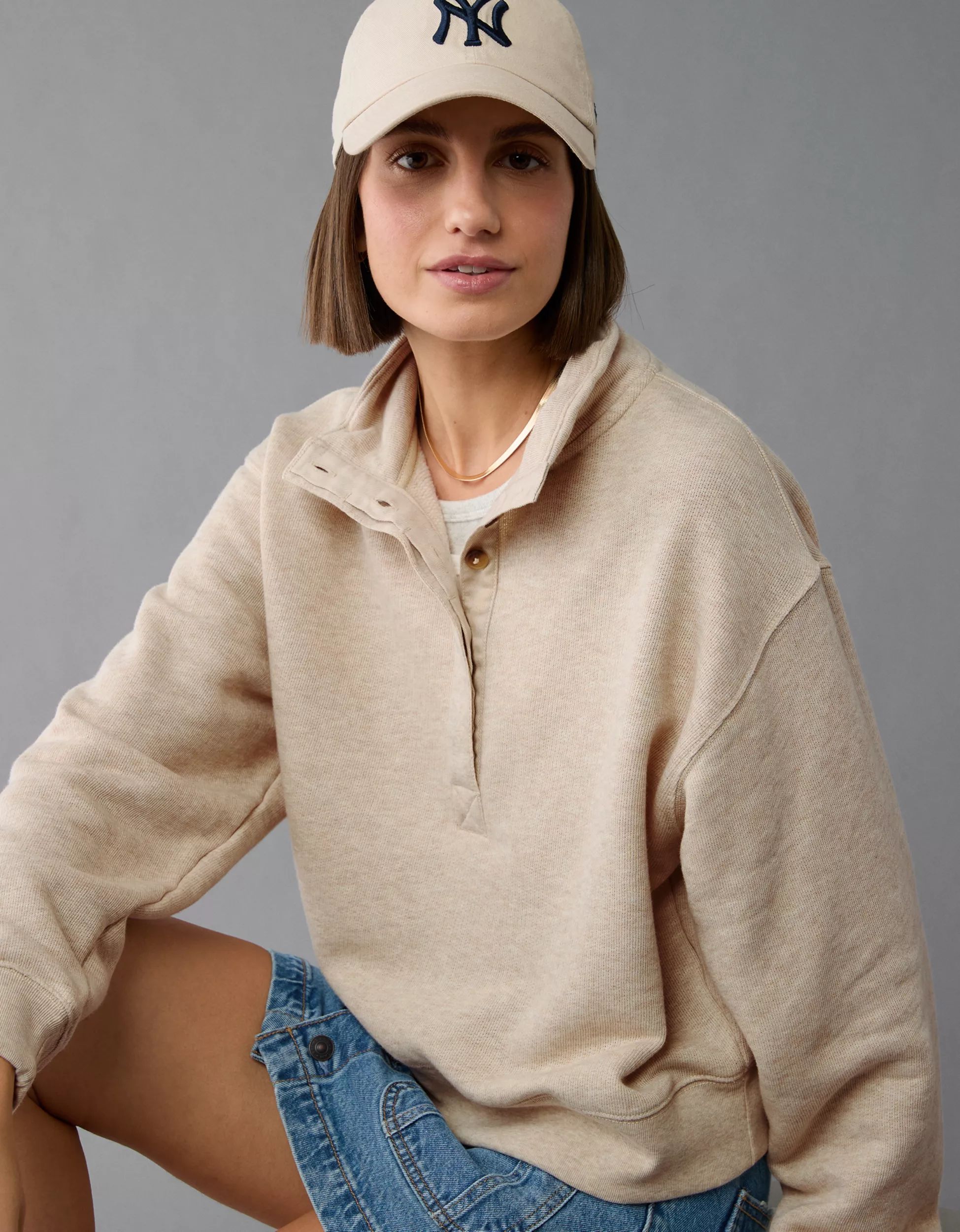 AE Quarter Snap Button Sweatshirt | American Eagle Outfitters (US & CA)