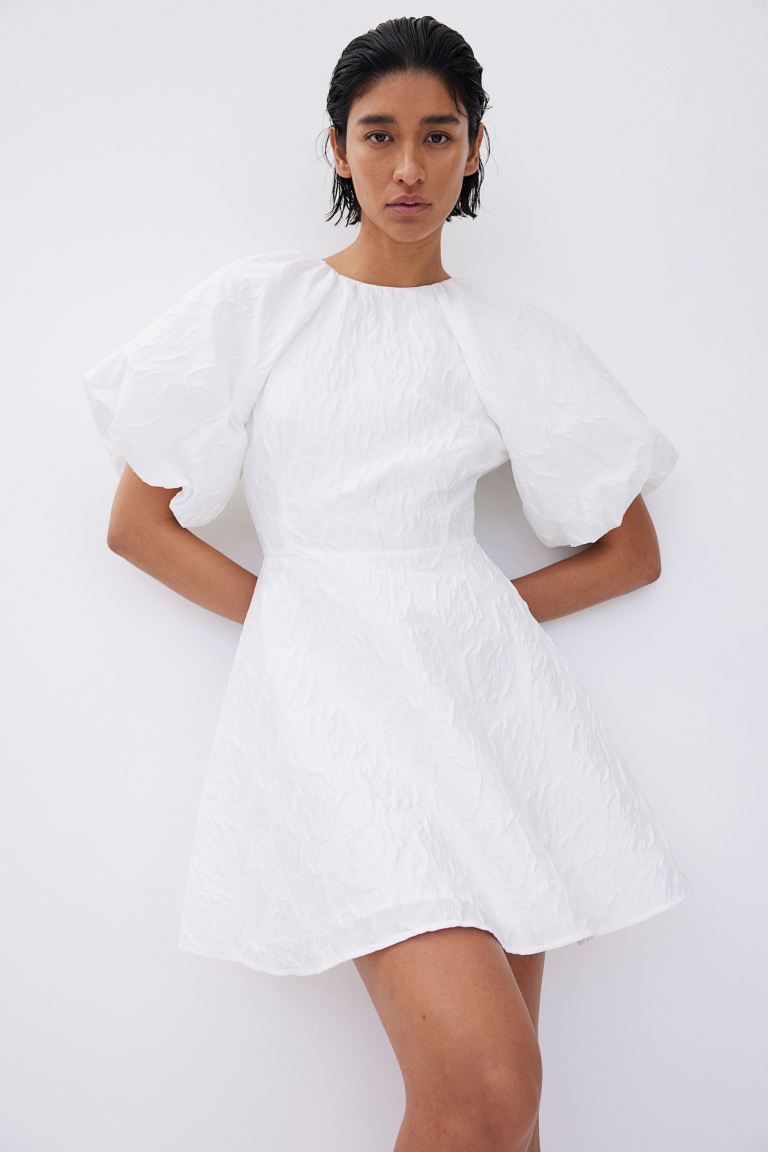 Jacquard-weave Tie-back Dress - Round Neck - Short sleeve - White - Ladies | H&M US | H&M (US + CA)