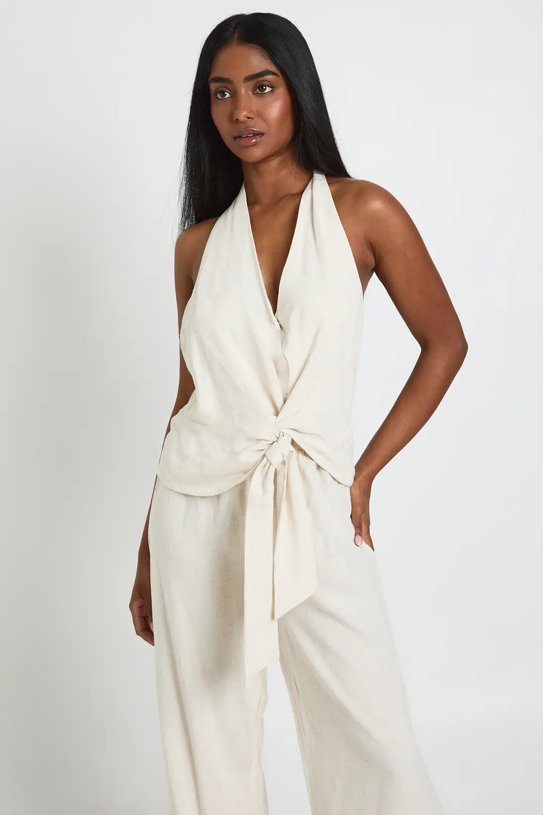 Stone Halterneck Linen Look Knot Front Wide Leg Jumpsuit | Boohoo | Boohoo.com (UK & IE)