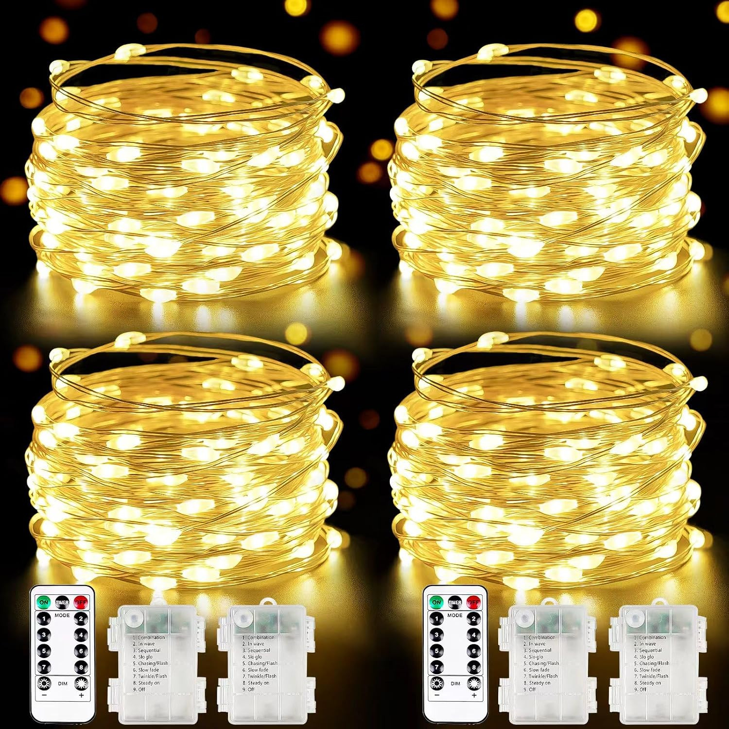 4 Pack 100 LED Fairy Lights Battery Operated with Remote, 33FT Waterproof Twinkle Lights with Timer & 8 Modes, Fairy String Light Outdoor Indoor for Bedroom Classroom DIY Christmas Decor (Warm White) | Amazon (US)