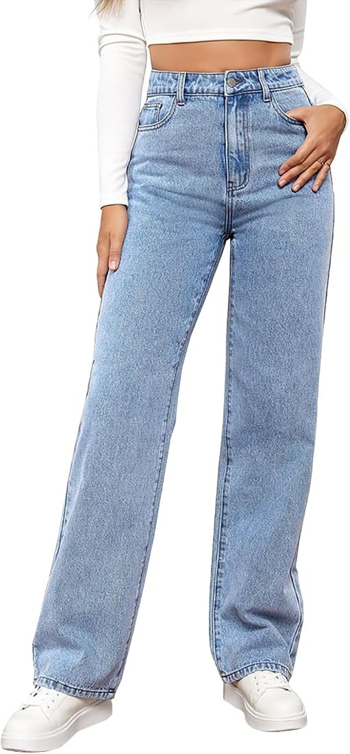 Women's Straight Leg Jeans Tummy Control Trendy High Waisted Stretchy Casual Denim Pants Baggy Tr... | Amazon (US)