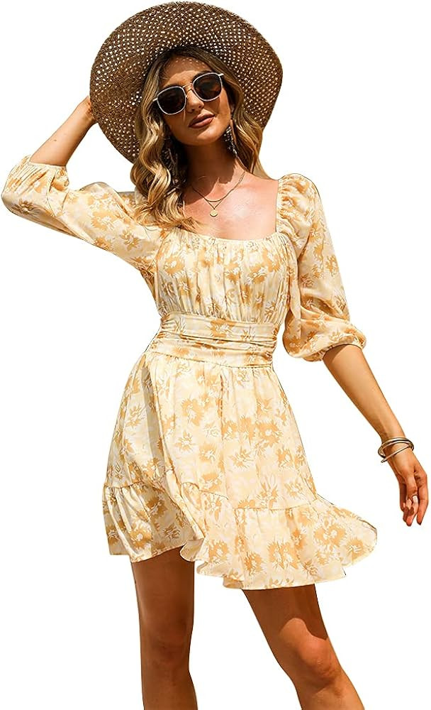 Tie Back Summer Dress Ruffled Off Shoulder A-Line Vintage Mini Dress | Amazon (US)