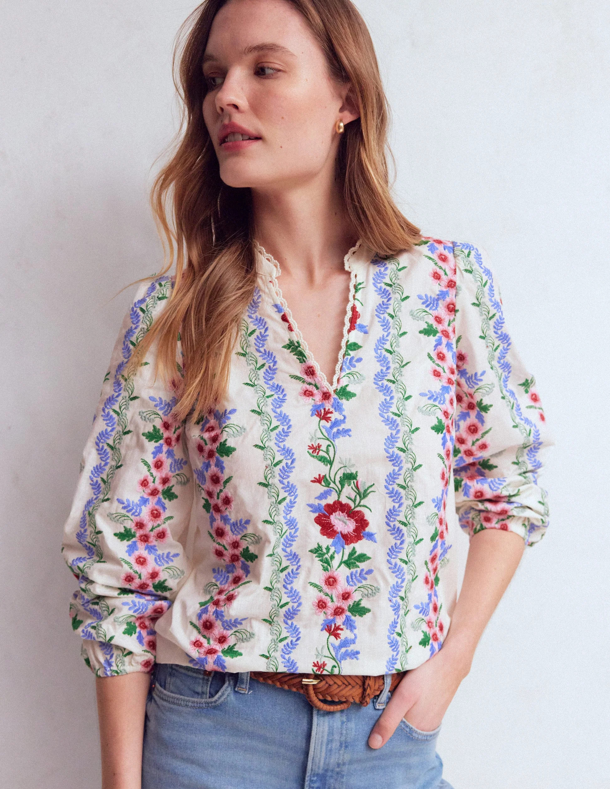 Embroidered Notch Neck Top-Floral Embroidery | Boden UK