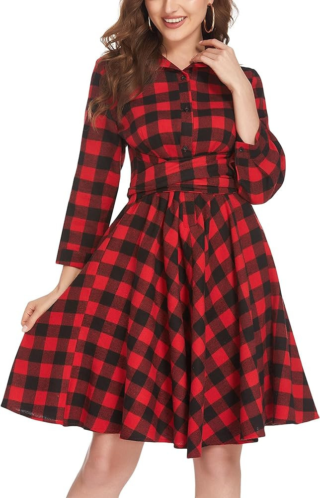 Chigant Women's Red Plaid Dress Flannel Dress Long Sleeve Fall Dress With Sleeves Amazon Outfit | Amazon (US)