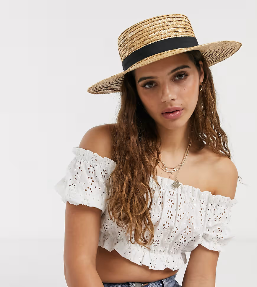 South Beach Exclusive straw boater hat with black ribbon and size adjuster-Neutral | ASOS (Global)