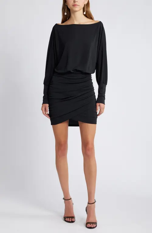 Open Edit Draped Long Sleeve Dress in Black at Nordstrom, Size Large | Nordstrom
