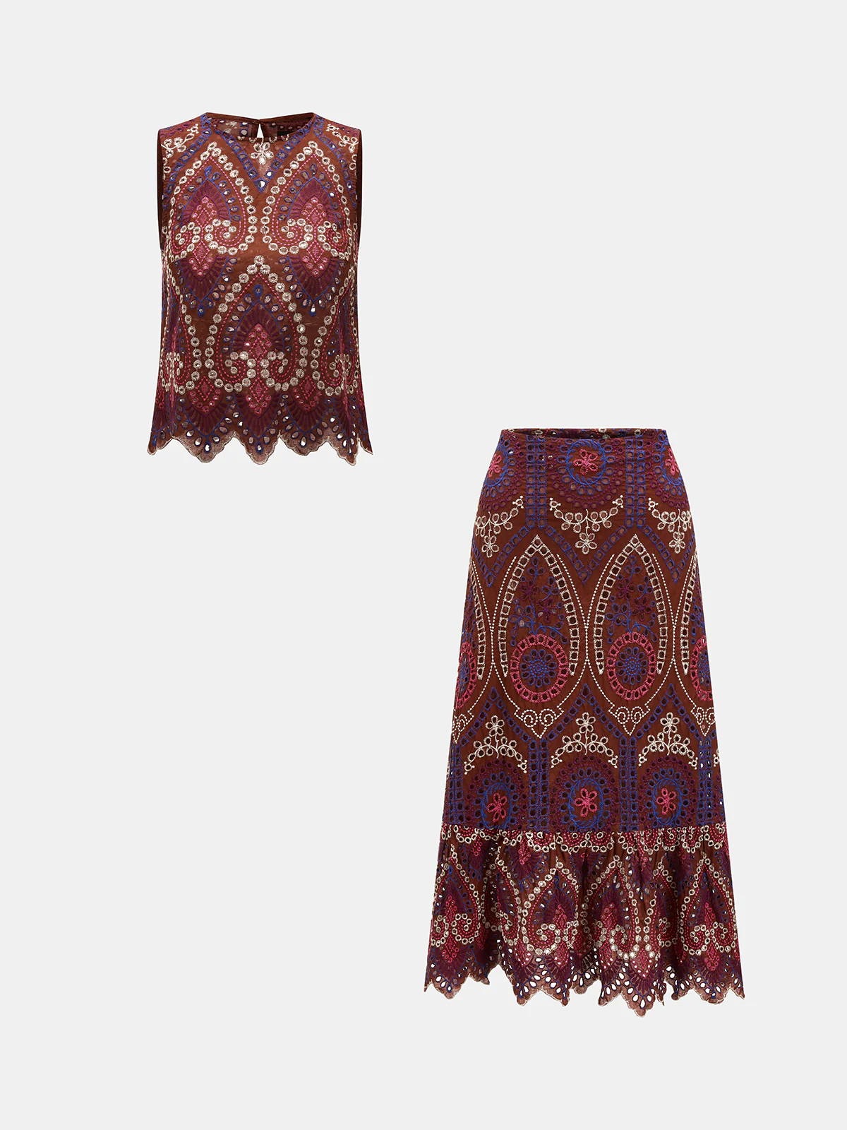 Eyelet Embroidered Top & Midi Skirt Set | Commense