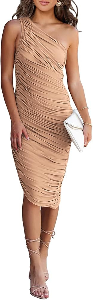 PRETTYGARDEN Women's Ruched Bodycon Dress 2023 Summer One Shoulder Sleeveless Party Cocktail Penc... | Amazon (US)