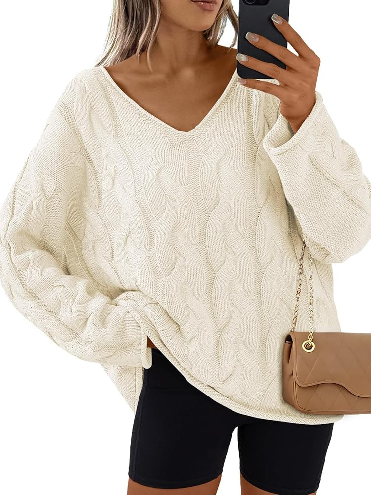 Trendy Queen Oversized Long Sleeve V Neck Cable Knit Sweaters | Amazon (US)