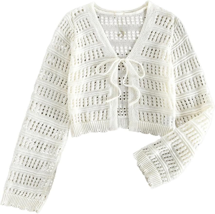 WDIRARA Women's Hollow Out Tie Front Cardigan Long Sleeve V Neck Sweaters Crochet Knit Crop Top | Amazon (US)