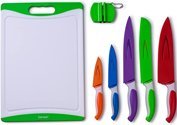 EatNeat 12-Piece Colored Sharp Knife Set: 5 Stainless Steel Kitchen Knives with Covers, Cutting B... | Amazon (US)