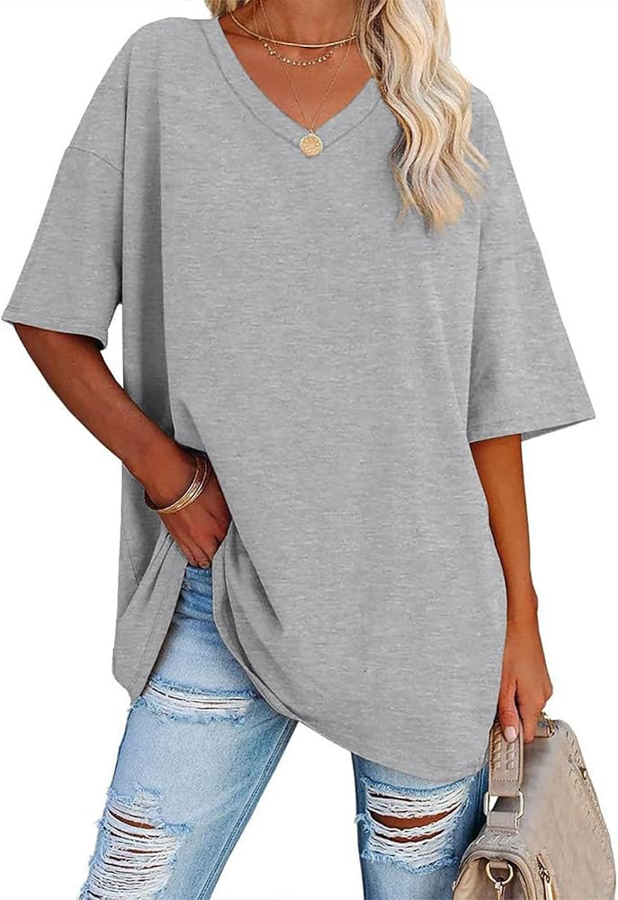 Ebifin Womens Oversized Tshirts V Neck Tee Shirts Half Sleeve Loose Fit T Shirt Cotton Tunic Tops... | Amazon (US)