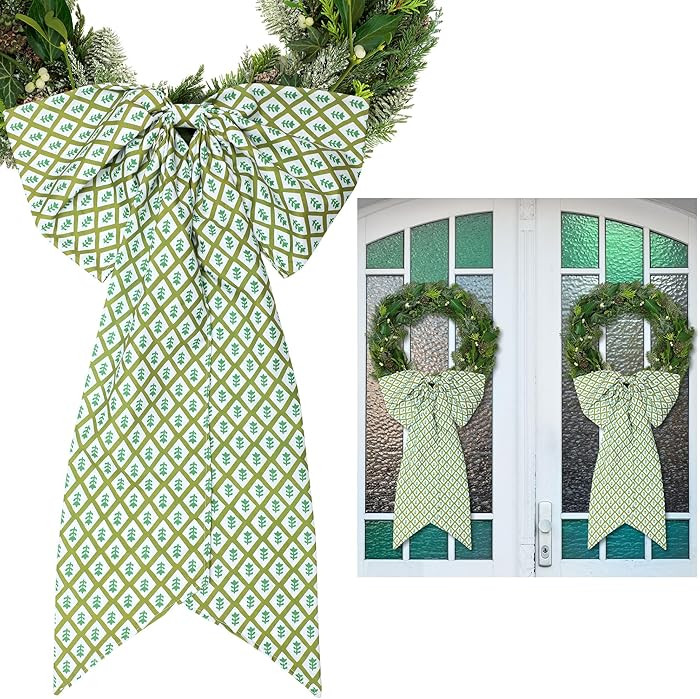2 Pcs Green Block Print Bow Wreath Sash 24 x 16 Inch Christmas Wreath Sash for Front Door Holiday... | Amazon (US)