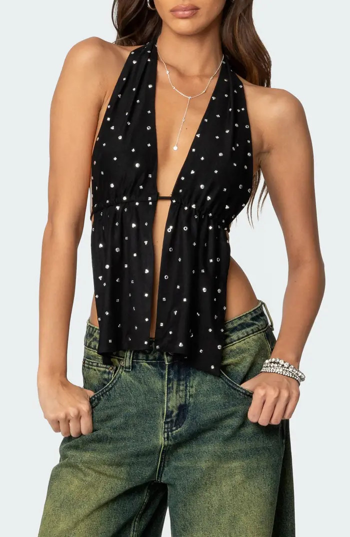 Studded Split Front Open Back Halter Top | Nordstrom