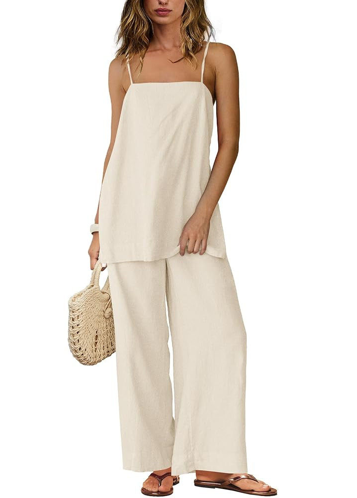 Yanekop Linen Sets for Women 2 Piece Pants Summer Outfits Matching Lounge Sets Spaghetti Strap Ta... | Amazon (US)