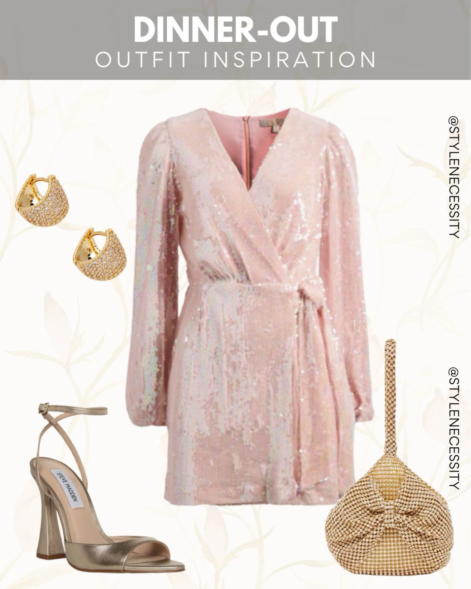 Shine bright on your next dinner date with this glamorous outfit! ✨💫 This pink sequin wrap dress paired with gold accents is the perfect mix of elegance and sparkle for a night out.

✨ Outfit Details:
	•	Pink sequin wrap dress 💖
	•	Gold metallic ankle-strap heels 👠
	•	Rhinestone-studded gold hoop earrings ✨
	•	Gold embellished clutch bag 👜

#DinnerOutfit #DateNightLook #GlamStyle #SequinDress #ChicFashion #NightOutVibes #LuxuryLook #FashionInspo #OOTD #GoldAccessories 💫

#LTKuk #LTKstyletip #LTKpartywear