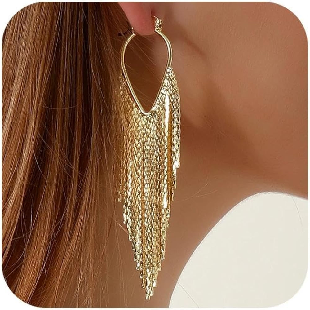 Ritach Silver Golden Tassel Earrings Dangling for Women Long Golden Formal Fringe Dangle Earrings... | Amazon (US)
