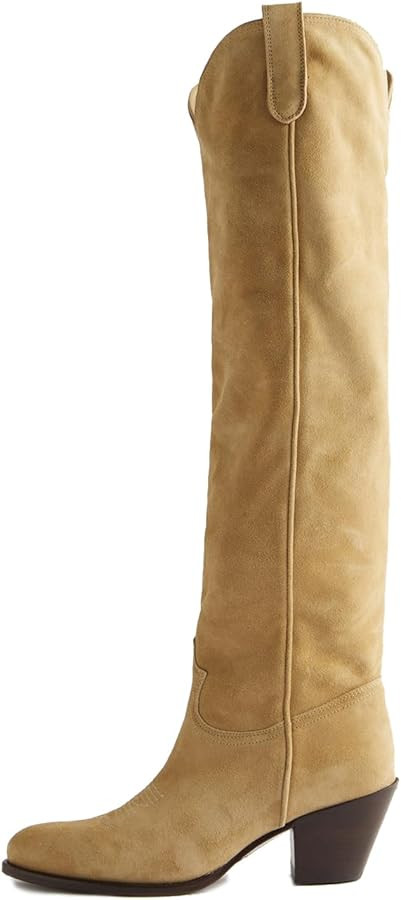 SHODENSE Women Suede Cowboy Knee High Boots Slouch Round Toe Long Western Boots Pleated Wide Calf... | Amazon (US)