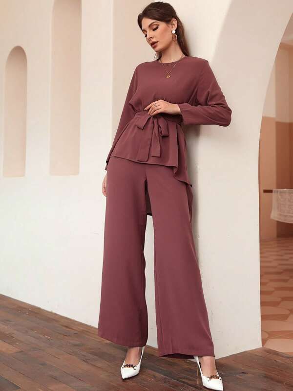 SHEIN Mulvari High Low Hem Belted Top & Wide Leg Pants | SHEIN