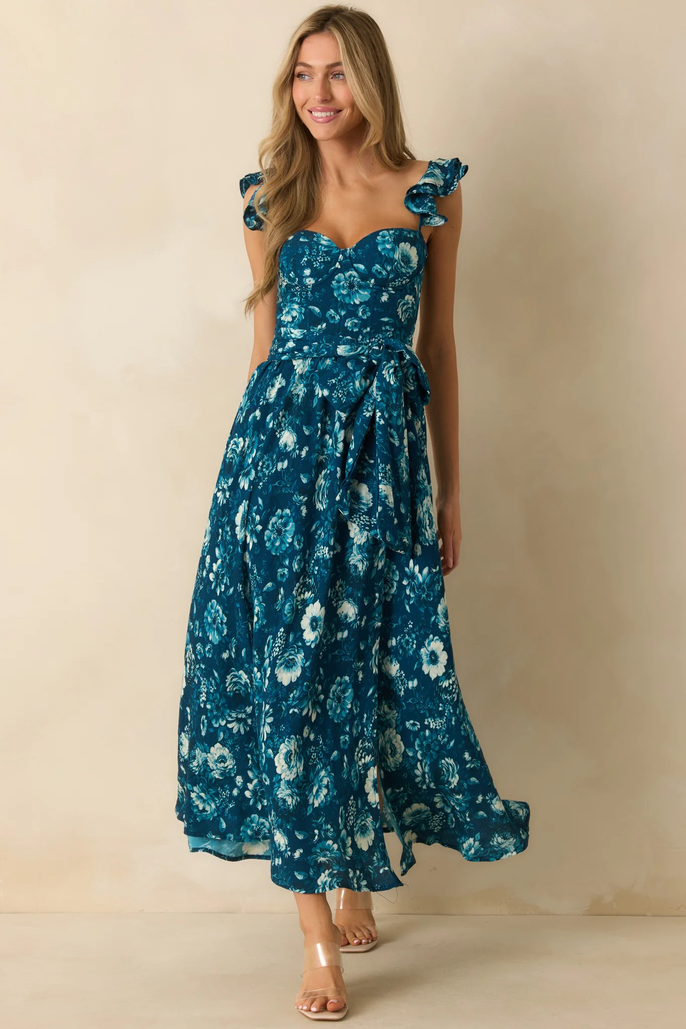 Aimee Dark Teal Multi Floral Print Bustier Maxi Dress | Red Dress
