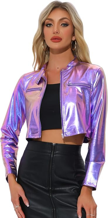Allegra K Cropped Jacket Women Disco Outfits Metallic Stand Collar Party Club Long Sleeve Crop Ja... | Amazon (US)