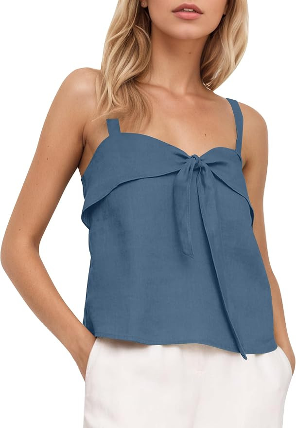 Women Summer Linen Tie Front Tank Top Sweetheart Neckline Sleeveless Backless Cute Cami Going Out... | Amazon (US)