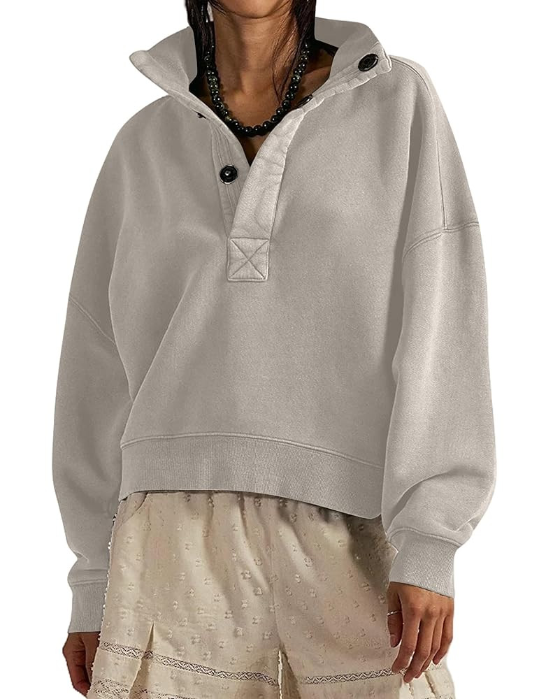Women Button Mock Neck Sweatshirt Oversized Long Sleeve Henley Pullover Tops 2025 Fall Casual Tee... | Amazon (US)