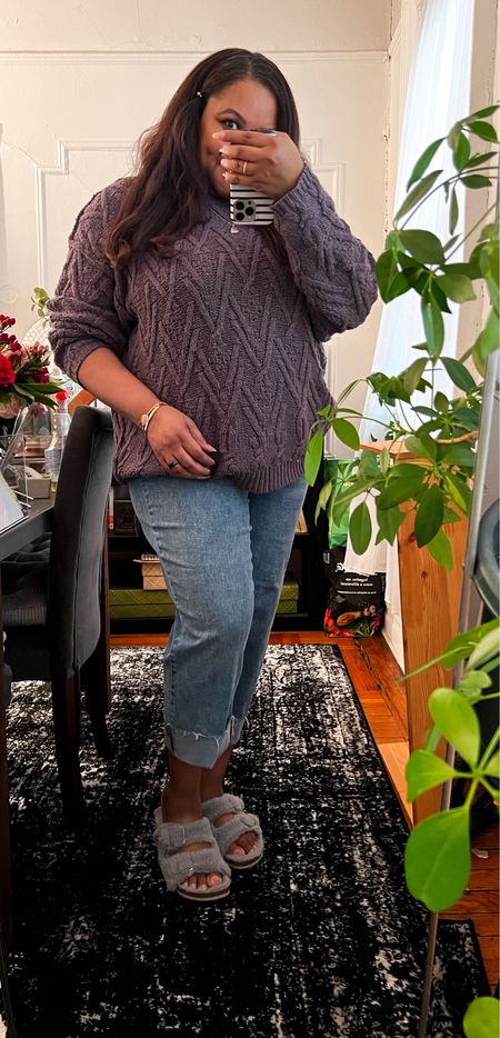 Don't mind the mess. Rainy day OOTD. Working from home as usual and there's a bit of a chill in the air. Oversized Sweater - Free People, wearing Medium. Jeans - Universal Standard, wearing size 16, TTS 

#LTKmidsize #LTKstyletip #LTKover40