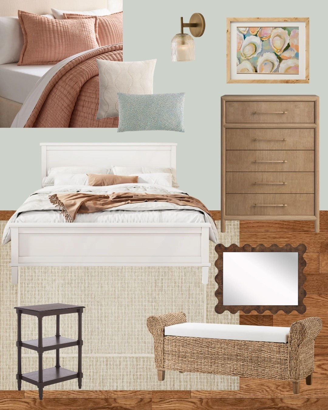 Loving this Coastal bedroom decor which gives a total shore cottage vibe. Perfect for primary bedroom or guest room design for beach house decor. I love how the coral and wood tones compliment the white bed. 

 #LTKSeasonal #LTKHome #LTKSaleAlert