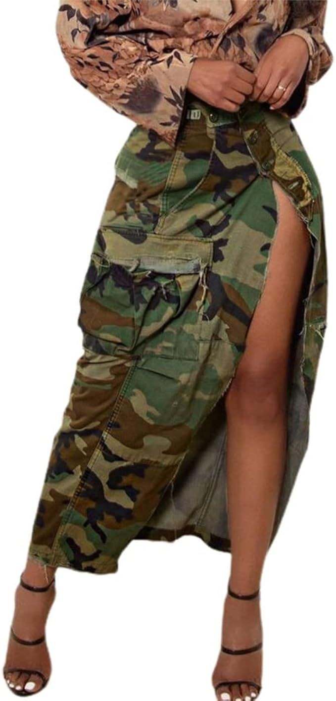 Women Midi Skirt Camo Skirt Cargo Skirt for Women Sexy High Split Skirt Maxi Skirts Army Fatigue ... | Amazon (US)