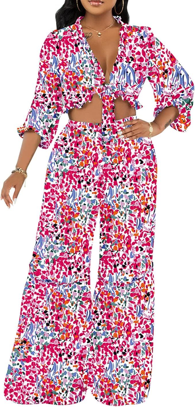 2 Piece Outfits for Women Summer Two Piece Crop Top Shorts Set Boho Floral Print Romper Jumpsuit | Amazon (US)