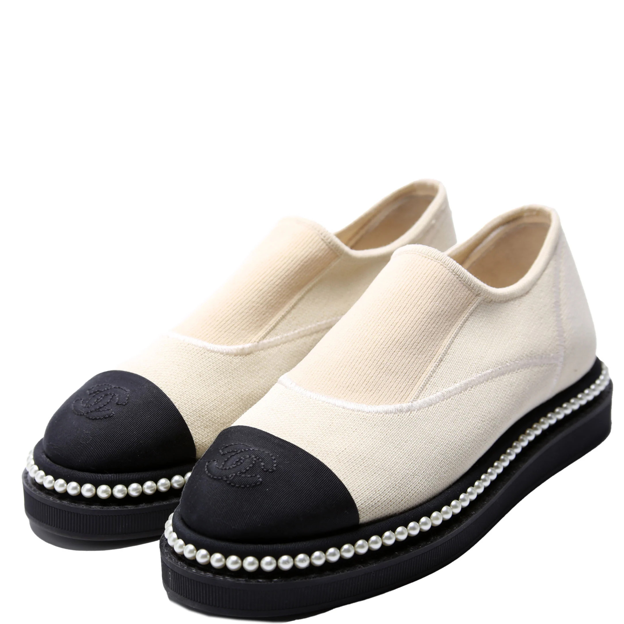 CC Cap Toe Pearl Slip-On Loafers Size 35.5 Beige/Black | Keeks Designer Handbags