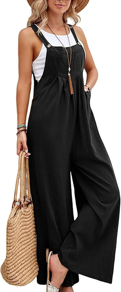 Bozanly Women's Baggy Wide Leg Overalls Summer Cotton Linen Loose Fit Bib Jumpsuit with Pockets | Amazon (US)