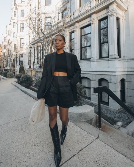 Crop top with oversized blazer and Coperni cowboy boots. Shearling bag. Dinner date outfit 

#LTKstyletip #LTKfindsunder100 #LTKfindsunder50