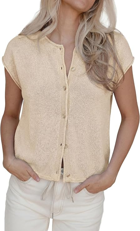 PRETTYGARDEN Sweater Vest Women 2026 Summer Spring Cap Short Sleeve Cardigan Lightweight Button D... | Amazon (US)