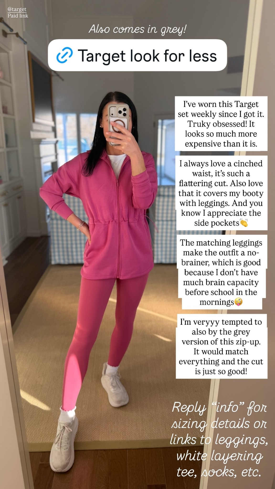 Target matching set look for less!

I’ve worn this Target set weekly since I got it. Truly obsessed! It looks so much more expensive than it is.

I always love a cinched waist, it’s such a flattering cut. Also love that it covers my booty with leggings. And you know I appreciate the side pockets👏

The matching leggings make the outfit a no-brainer, which is good because I don’t have much brain capacity before school in the mornings🤪

I’m veryyy tempted to also buy the grey version of this zip-up. It would match everything and the cut is just so good!

Fits TTS. Wearing a S in the zip-up and leggings. 

Target style, activewear, pink, Varley style 

#LTKootd #LTKValentine #LTKActive