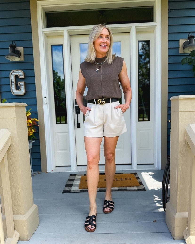 Early fall transition outfit. Mock neck sweater vest in chocolate brown. Lightweight and structured. True to size. 
Amazon finds, Amazon fashion, Quince shorts, fall transition outfit, style over 40

#LTKFindsUnder50 #LTKSeasonal #LTKOver40