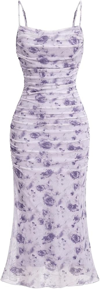 GORGLITTER Women's Floral Ruched Bodycon Midi Dress Mesh Sleeveless Fishtail Cami Dresses | Amazon (US)