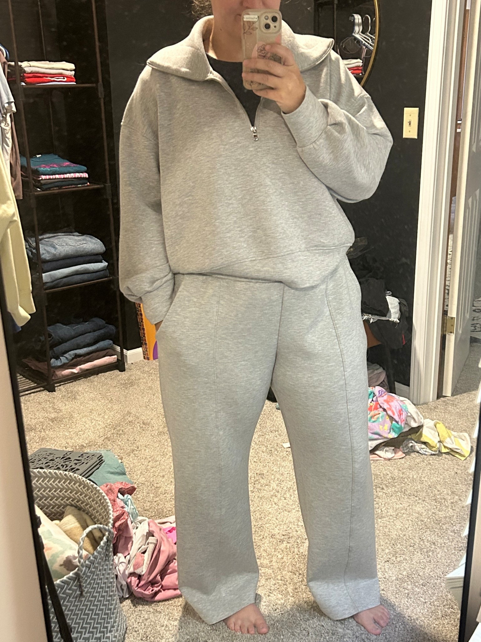 Old navy sweat set in the bounce fleece material is giving spanx air essentials look and feel for less. A variety of colors and piece options (joggers or wide leg sweatpants, quarter zip or crewneck, etc) wearing an XL in both here, would say they fit TTS

#LTKSaleAlert